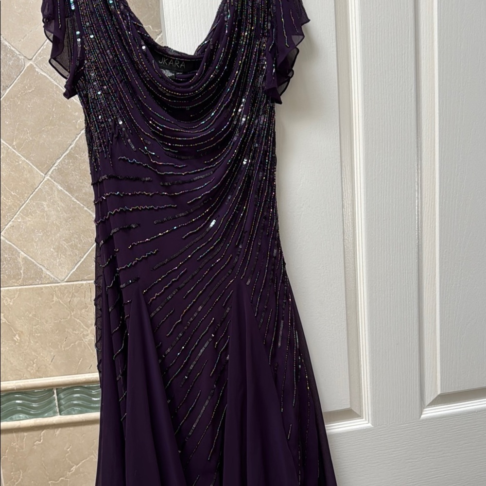 J Kara Purple Embellished Cowl Neck Dress